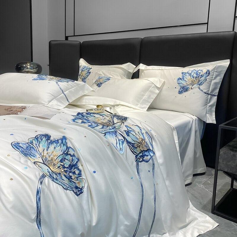 Conjunto de Roupas de Cama Flor de Lótus em 100% Algodão Egípcio 4 Peças